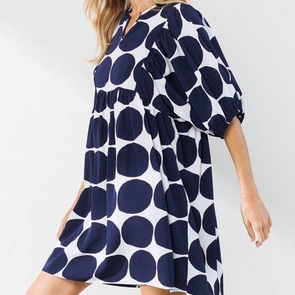 Ces Femme Half Sleeve Navy Polka Dot Dress - Picture 1 of 5